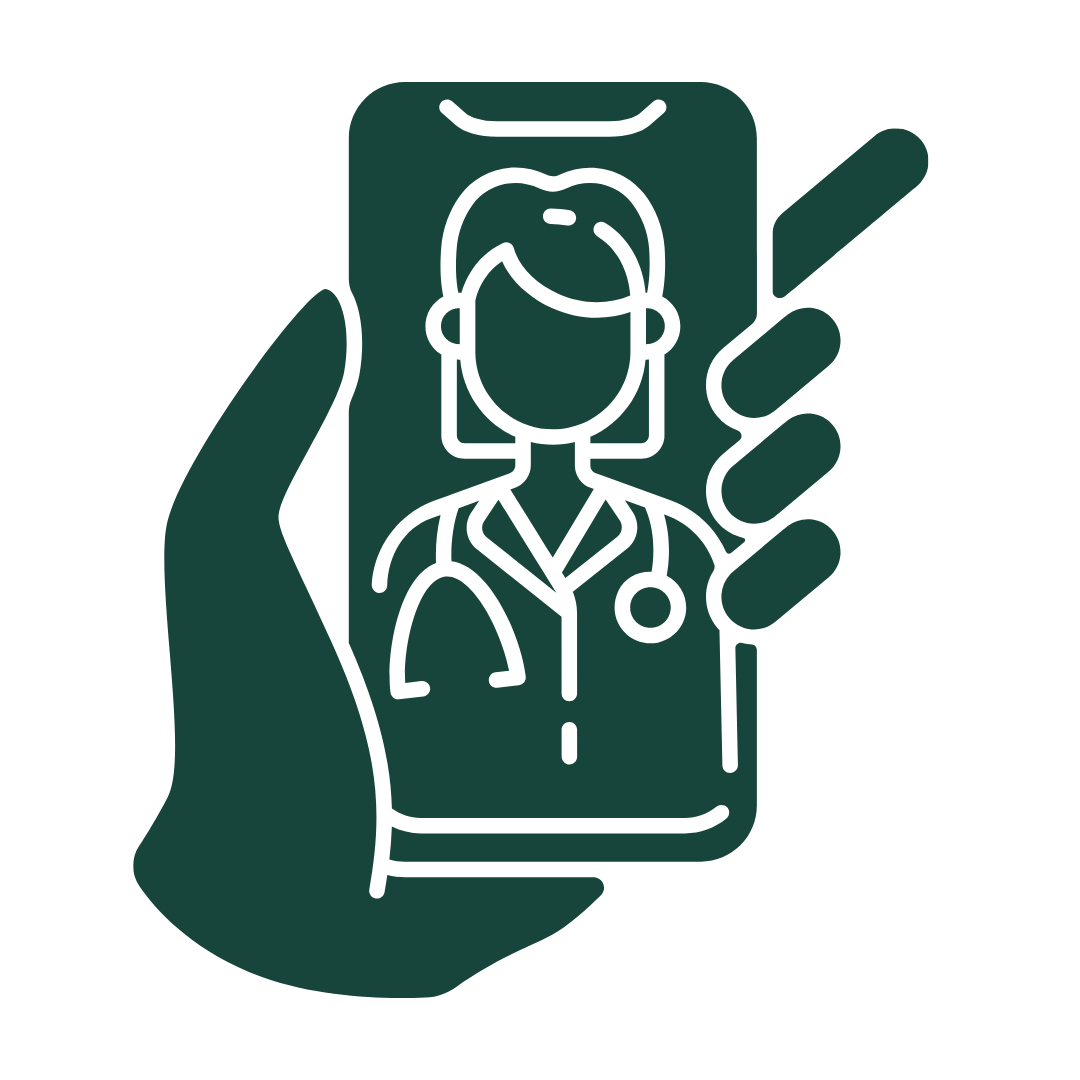 Illustration of a hand holding a smartphone with a medical professional video chatting.